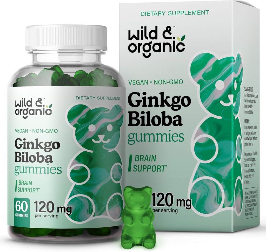 Wild & Organic Gingko Biloba 120mg Gummies - Brain Support and Focus Supplement w/Ginkgo Biloba Extract - Vegaani, ei-GMO - 60 Pektiiniä kasviperäisiä purukumia