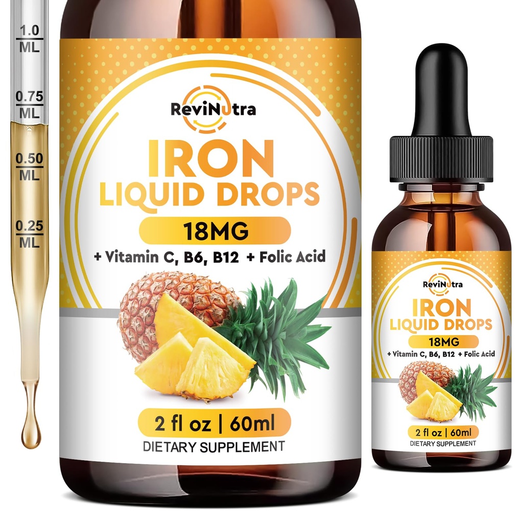 Liquid Iron Supplement for Women, Miehet & Kids, Liquid Iron Drops Folate, C-vitamiini, B6, B12 for Anemia, Punainen verisolu, energiatuki, Ananas Flavor, 2 Fl Oz