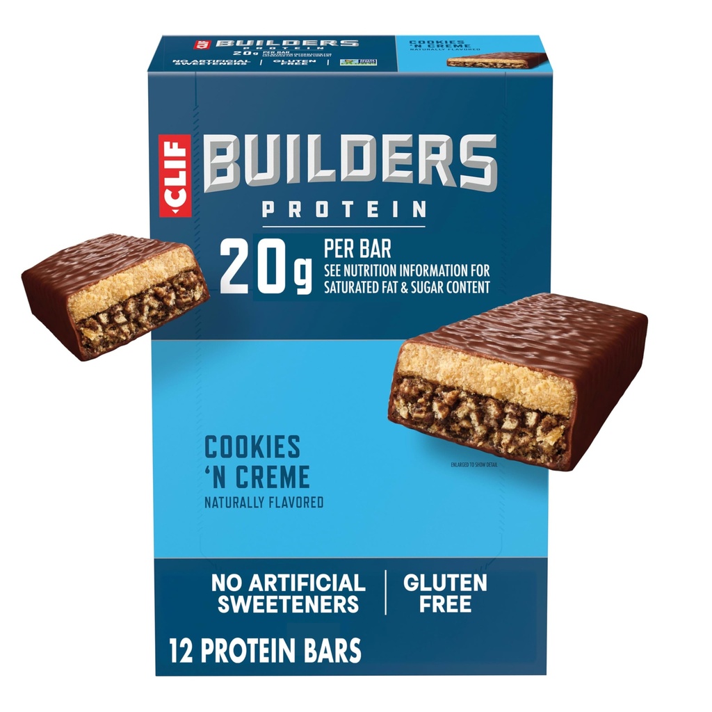 CLIF BUILDERS Protein Bars - Cookies "n Cream Flavor - 20g Plant Based Protein - Gluten Free - Non-GMO - Low Glycemic - No Artificial Sweeteners - 2.4 oz. (12 Pack)