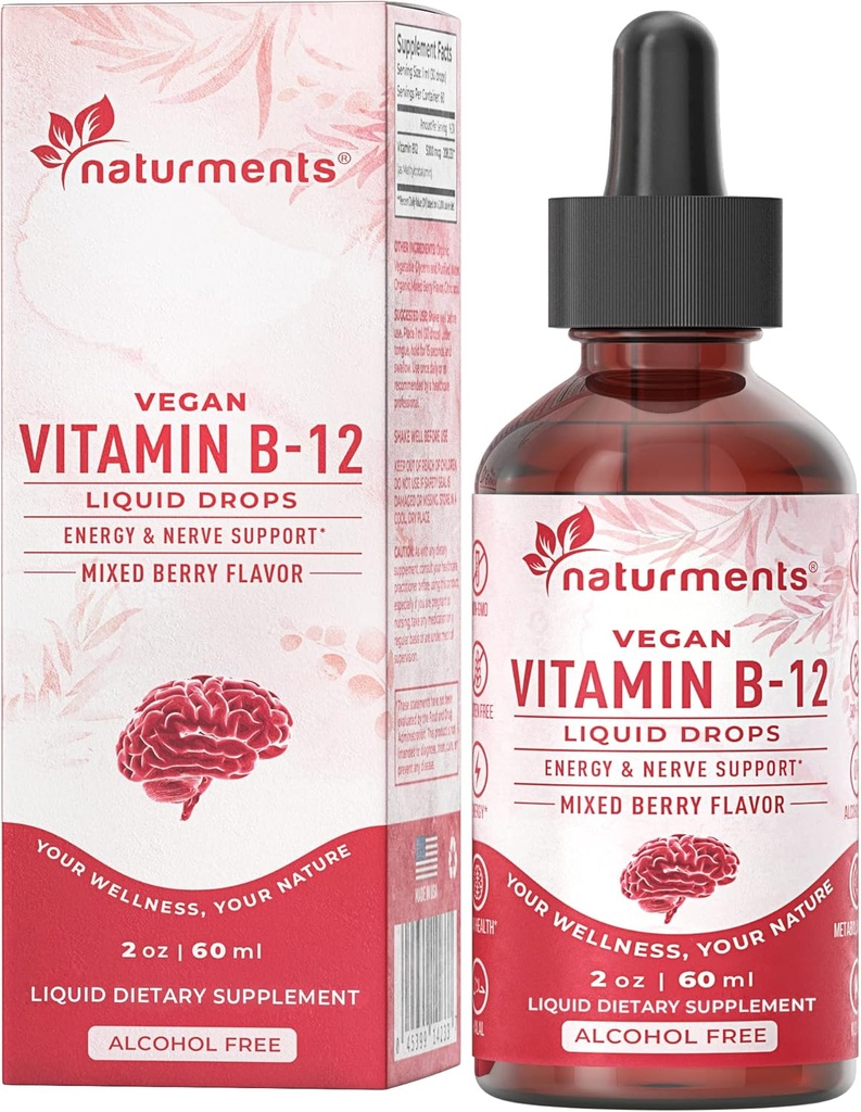 Naturments B12 5000 mikrog Organic Liquid Drops: Energy & Hermo tuki - Vegaani alkoholiton, ei-GMO, sokeriton 2 Fl Oz