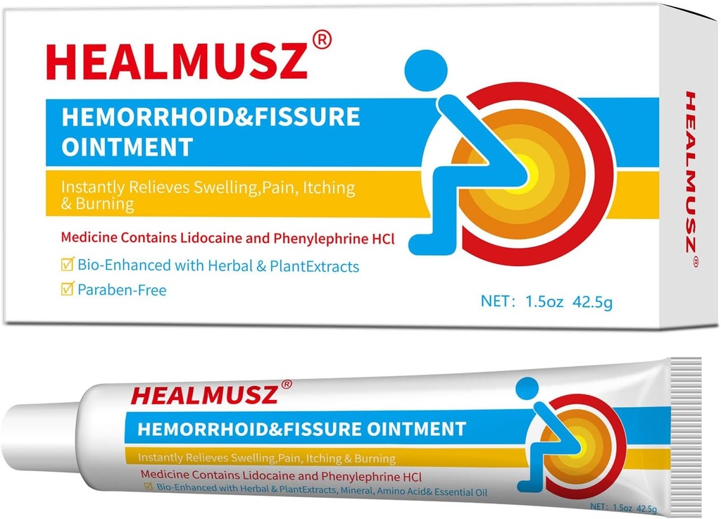 HEALMUSZ Rapid Relief Hemorrhoid Cream med 4% Lidocaine Cream och 0,25% Phenylephrine HCI för snabbverkande lättnad av smärta, svullnad, obehag och kläckning (1,5 oz)