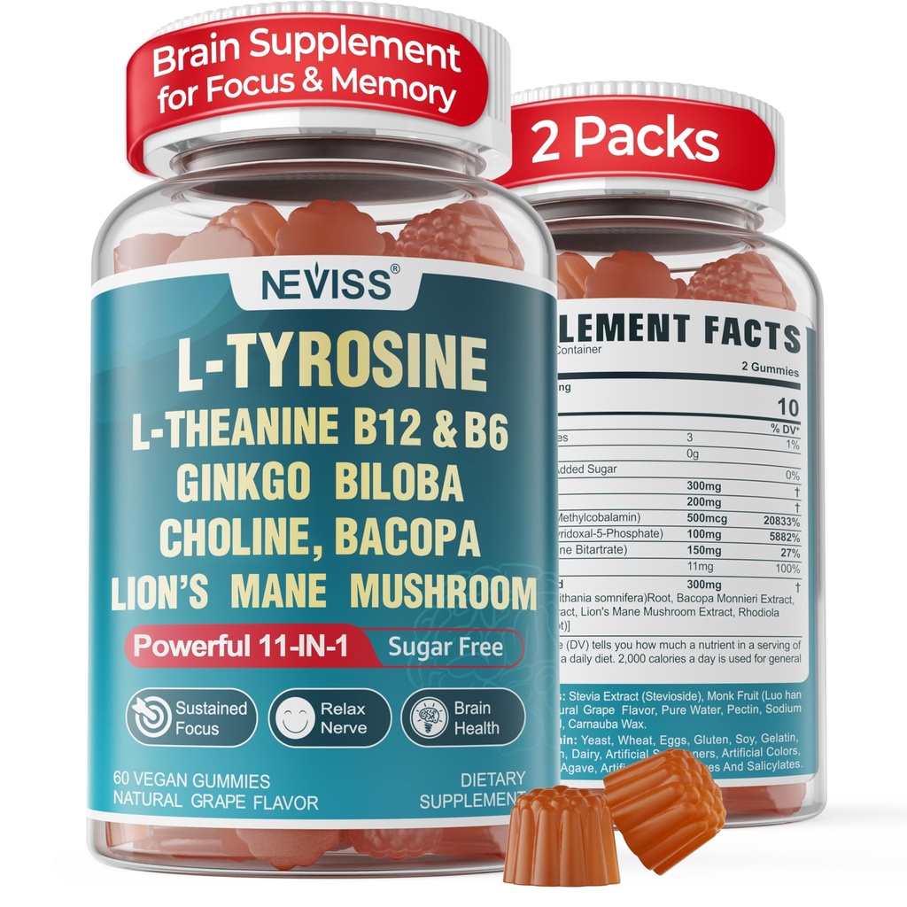 11-IN-1 Brain Supplement för minne och fokus med L-Tyrosine L-Theanine, Methylated B12 & B6, Lion's Mane Mushroom, Ginkgo Biloba, Bacopa Monnieri, Choline för fokus, Nootropic, Energy, 2Packs