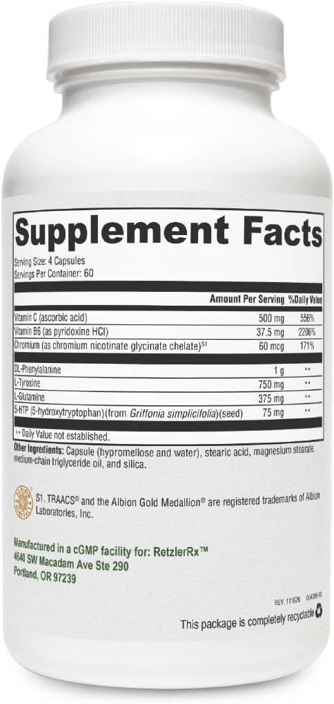 Crave Control av RetzlerRx - Stöd för att hjälpa Curb Appetite och Combat Cravings - Chromium, DL-Phenylalanine, L-Glutamine, Vitamin B6 + 5-HTP för humör & Appetite Support (240 kapslar)