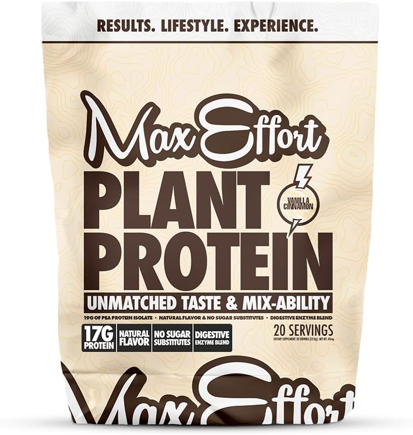 MAX EFFORT Plant Protein Powder, 17 G Pea Protein, Plant Based, Gluteeniton, Low Carb, Protein Shake tai Smoothie Mix, Aterian korvaus, No Whey, No Sugar Varajäseniä, Vanilla Cinnamon, 20 Srvg