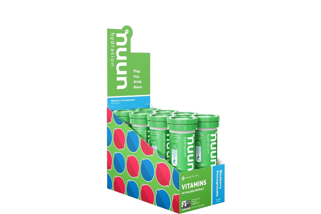Nuun-vitamiinit Elektrolyyttitabletit, joissa on D-, C-, E-, A- ja B6-vitamiinia, foolihappoa, magnesiumia & 4 muuta Essentielliä elektrolyyttiä, gluteeniton & Vegaani, mustikkagranaatti, 8 pakkausta (96 annosta yhteensä)