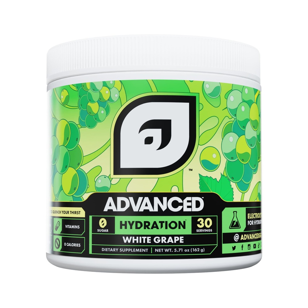 Advanced Hydration High-Performance Electrolyte Drink Mix B-vitamiinit All-Day Hydration - kofeiiniton, nollakaloria, sokeriton, & Keto Friendly - (30 tarjoilua, valkoinen viinirypäle)