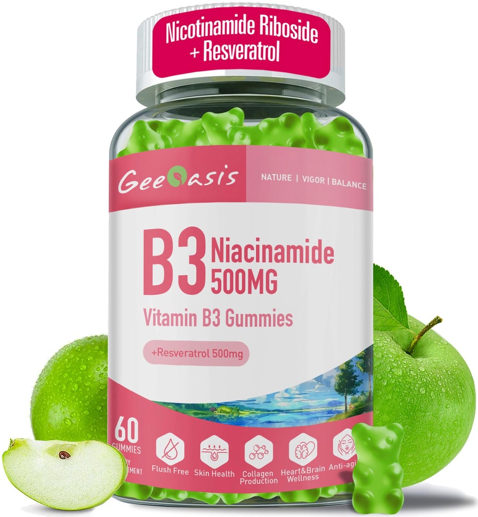 Niacinamide 500 mg Gummies, pureskeltava B3-vitamiini täydentää Resveratrol 500 mg, korkea Potency Niacin antioksidantti, ihon ja aivojen terveys, immuuni tuki, vegaaninen Apple Flavor, 60 kreivi