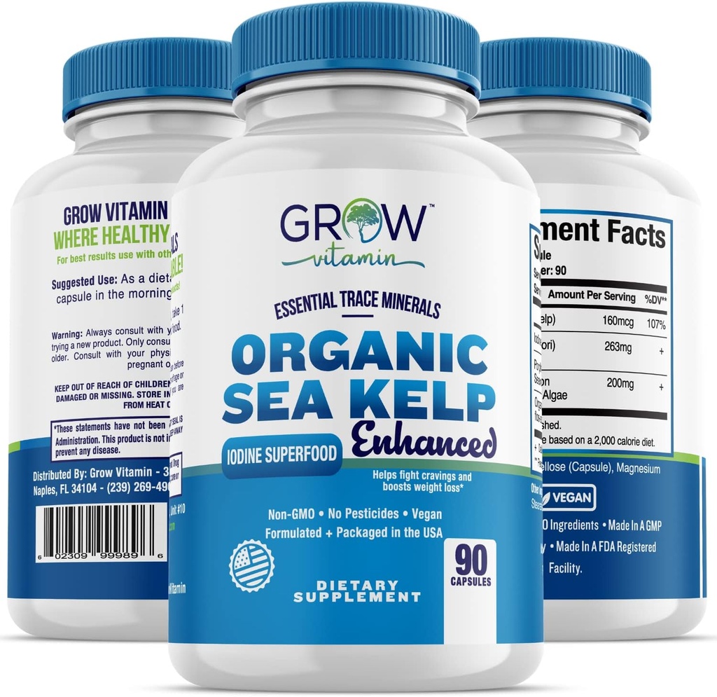 Organic Sea Kelp (Islantilainen) Enhanced - Pure Healthy Kilpirauhasen tuki Natural Jodi Supplement w/Organic Sea Kelp, Blue-Green Algae & Red Algae - Immunojärjestelmä & Aineenvaihdunta tuki - 90 kapselia