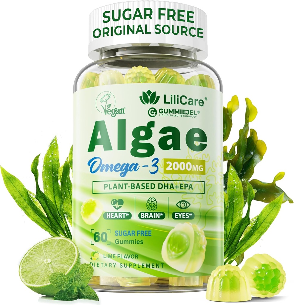 Omega 3 Gummies 2200mg Algae Oil (DHA 640mg & EPA 290mg) naisille ja miehille, Vegan Omega 3 Fish Oil Alternative, w/CoQ10, Astaksantiini, A-vitamiini, E, D3 aivoille, Silmät, antioksidantti, Sokerivapaa, 1Pack