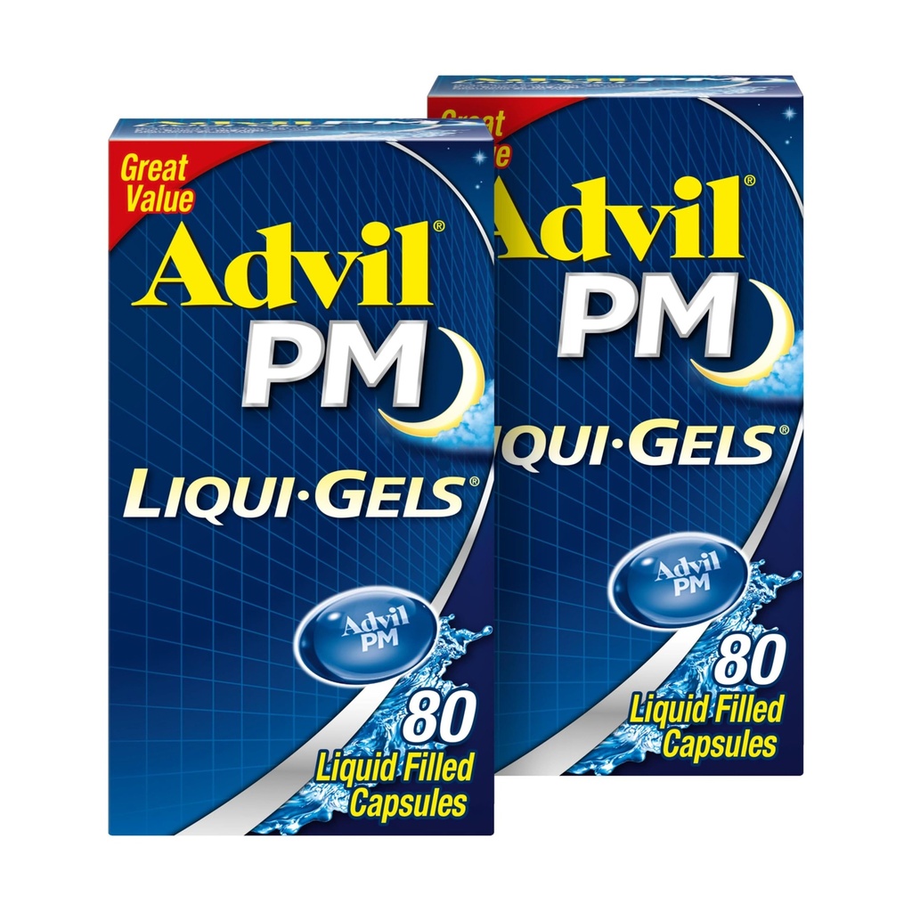 Advil PM Liqui-Gels Pain Reliever ja Nighttime Sleep Aid, Pain Medicine kanssa Ibuprofeeni kivunlievitykseen ja Difenhydramiini HCL varten unilääke - 2x80 Liquid Filled Kapselit