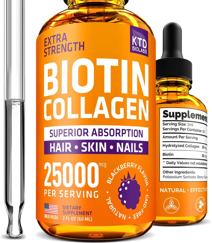 Liquid Collagen ja Biotin pudotukset hiusten kasvua 25,000 mikrog - valmistettu USA Collagen & Biotin vitamiineja hiukset iho ja kynnet - Hydrolysed Collagen ja Biotin täydentää naisten ja miesten