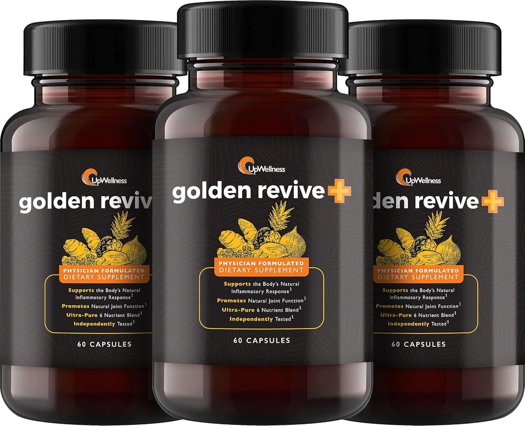 UpWellness Golden Revive + Joint Support Supplement med gurkmeja med svartpeppar, Quercetin och Magnesium- gurkmeja Boswellia Supplement - 6 Aktiva ingredienser - 60 kapslar, 3 Pack