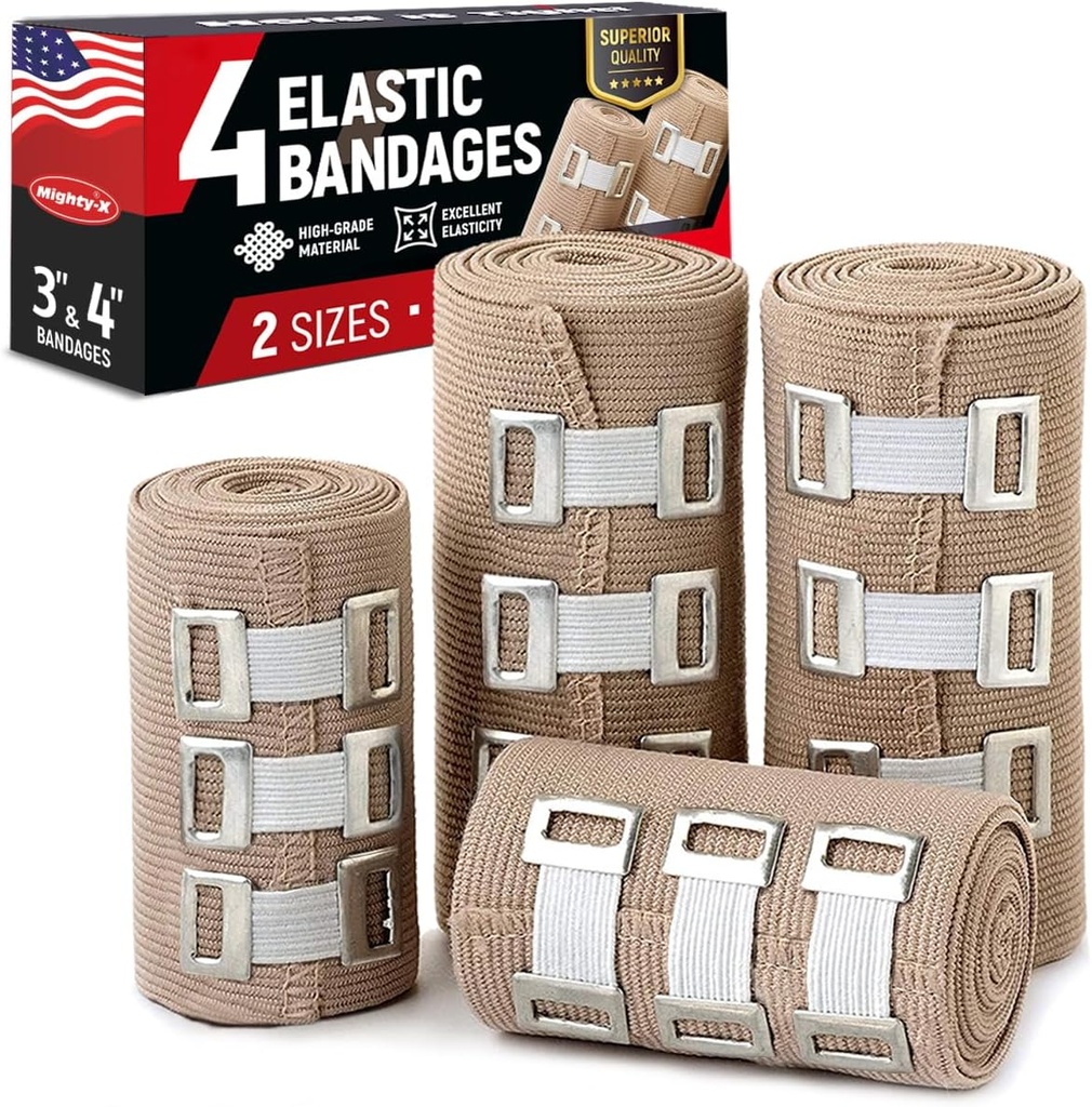 Premium Elastic Bandage Wrap - 4pk (2x3in, 2x4in) + 12 Extra Clips - Vahva pakkaus Bandage Wrap wrists, nilkat, jalat ja polvi