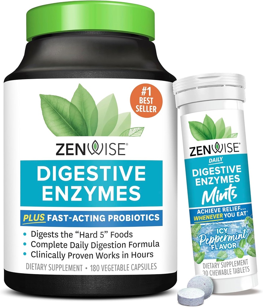 Zenwise Health Digestive Enzymes och Peppermint Chewable - Digestive Enzymes, Probiotic Multi Enzymes med probiotika för kvinnor och män i kapslar och Convenient Chewable Peppermint