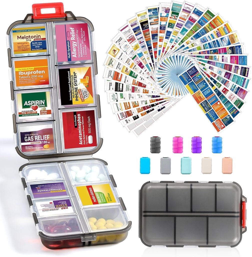 14 Grids Travel Pill Organizer Box kanssa 415-Pcs Medicine Nimi Tunnisteet - Tasku Päivittäinen farmaseuttinen Case Container Kit - Matka Lääkkeen haltija Dispender Fish Oil Vitamiini Supplement Storage - Clear Grey
