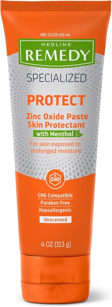 Medline Remedy Specialized Zink Oxide Paste med Menthol (4 oz Tube), Unscented, Calamine, Incontinence Care, Diaper Rash, Wetness Protection, Hypoallergenic, Paraben Free, Adults, Soothing