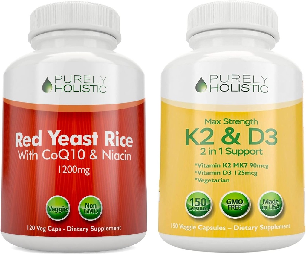 Puhtaasti kokonaisvaltaista punaista riisiä 1200 mg CoQ10 & Niacin + D3-vitamiinia 5000 IU (125mcg) & K2 MK7 90mcg Bundle - 270 kasvissyöjäkapselia - Valmistettu Yhdysvalloissa
