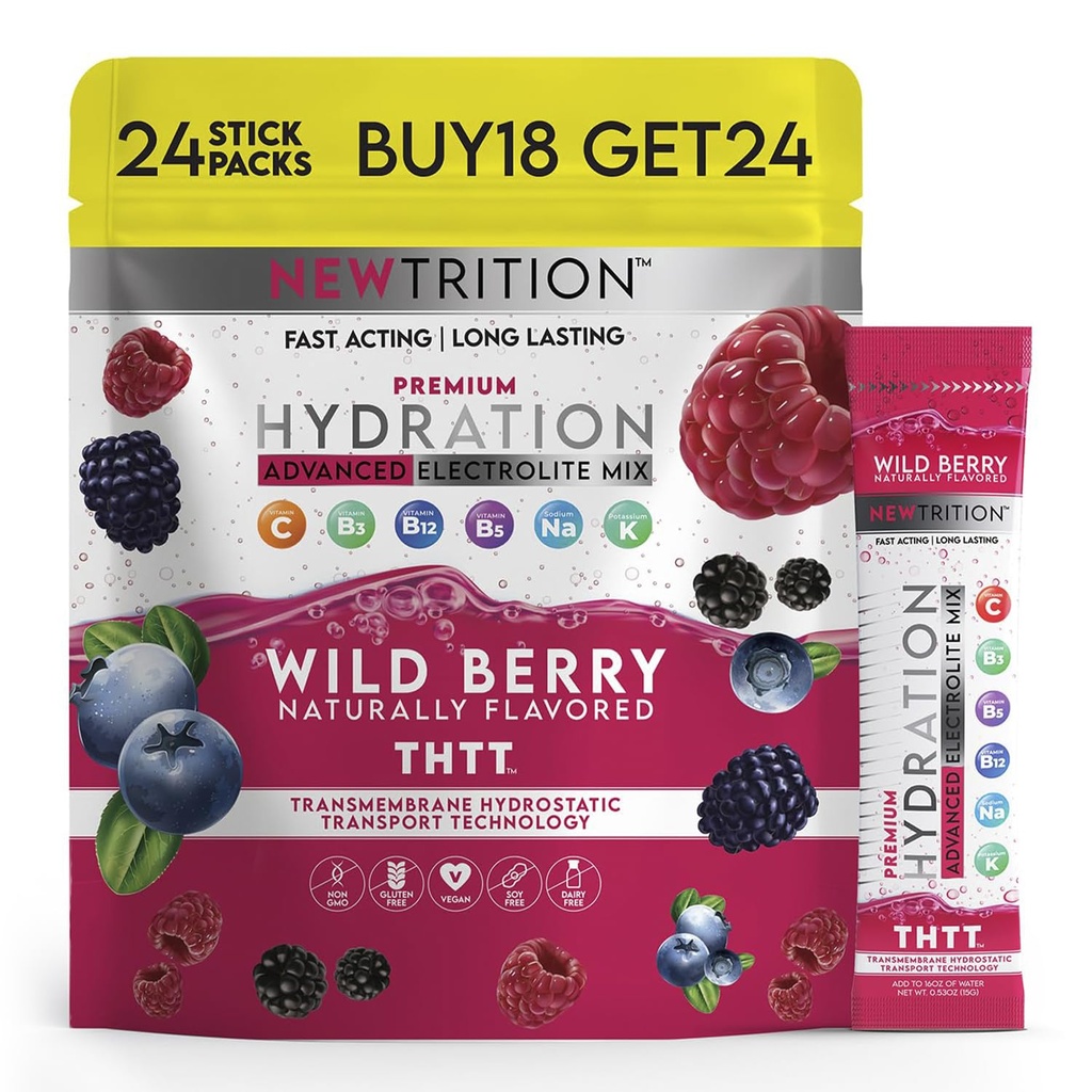Kosteusjauhe, Wild Berry Pack of 24 Electrolyte Powder Packets, Luonnollisesti maustettu Hydrating Packets for Water, Nopeasti toimivat Elektrolyyttejä vitamiineja B & C, Energia & Recovery