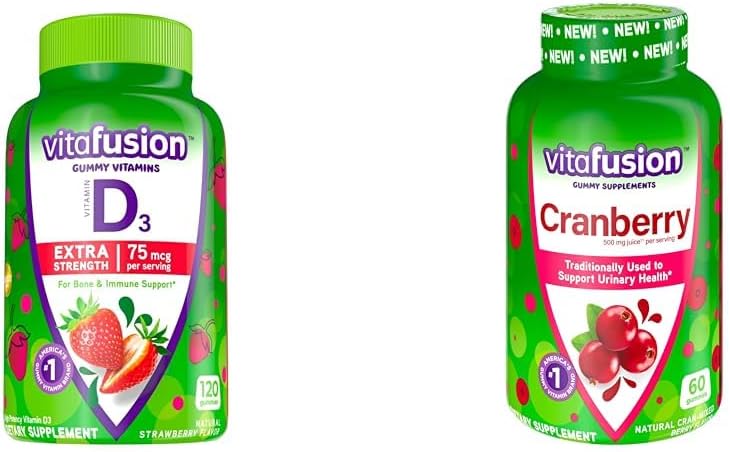 Vitafusion Extra Strength D3-vitamiini Gummy Mansikka Maku Bone & Immuuni tuki (120 kreivi) + karpalo Gummies naisten virtsanterveystuki (60 kreivi)