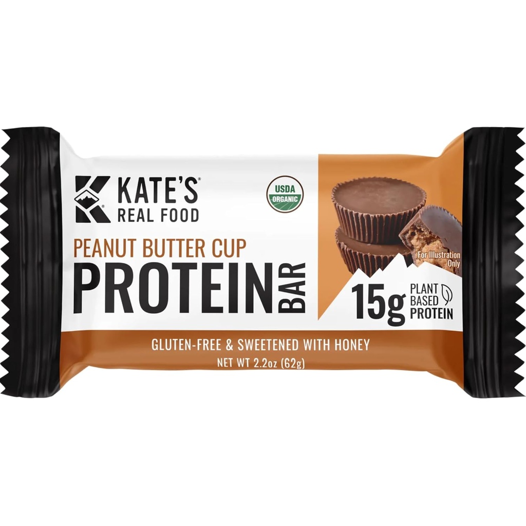 Kate's Real Food Organic Protein Bars - (Peanut Butter Cup, 2.2 oz, Pack of 12) - Plant Based Protein Bars - Gluten Free, Soy Free, Non GMO, Whole Grains och All Natural