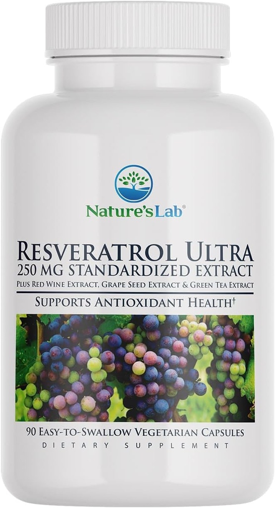 Naturens Lab Resveratrol Ultra - Antioxidant Supplement* - 250mg Trans-Resveratrol, Red Wine Extract, Green Tea Extract- Non-GMO, Gluten Free, Vegan - 90 greve (3 månads Supply)