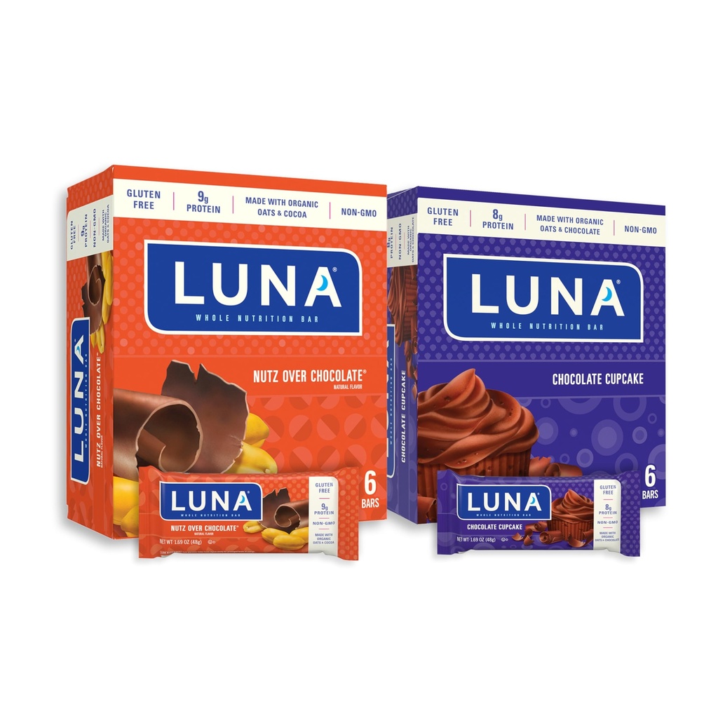 LUNA Bar - Variety Pack - Nutz Over Chocolate and Chocolate Cupcake Flavor - Välipalat - Ei-GMO - Gluteenittomat proteiinipatukat - valmistettu orgaanisella kauralla (12 pakkaus, 2 laatikkoa)
