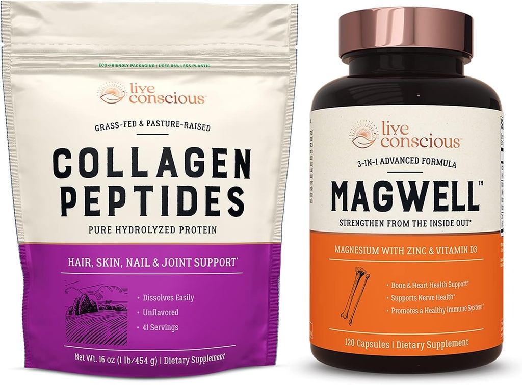 Live Conscious Collagen Peptides & MagWell Magnesium Sinkki & D3-vitamiini ...