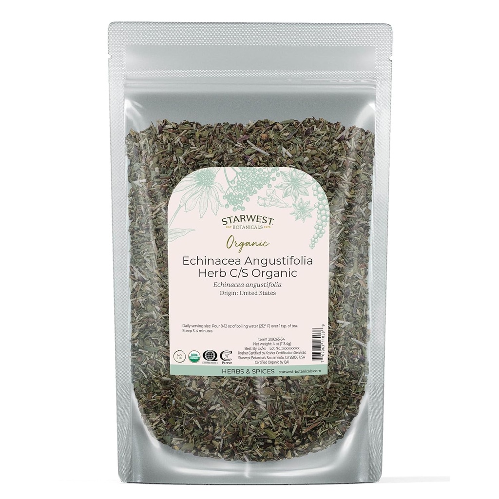 Starwest Botanicals Dried Echinacea Angustifolia Organic - Loose Leaf Herb för te, tinkturer och naturliga växtbaserade blandningar, Cut & Sifted, Certified Kosher, Non-GMO - 4 oz Pouch
