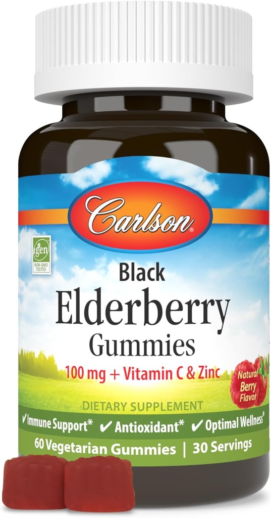 Carlson - Black Elderberry Gummies, C-vitamiini & Sinkki, Immuunituki, 60 Gummies