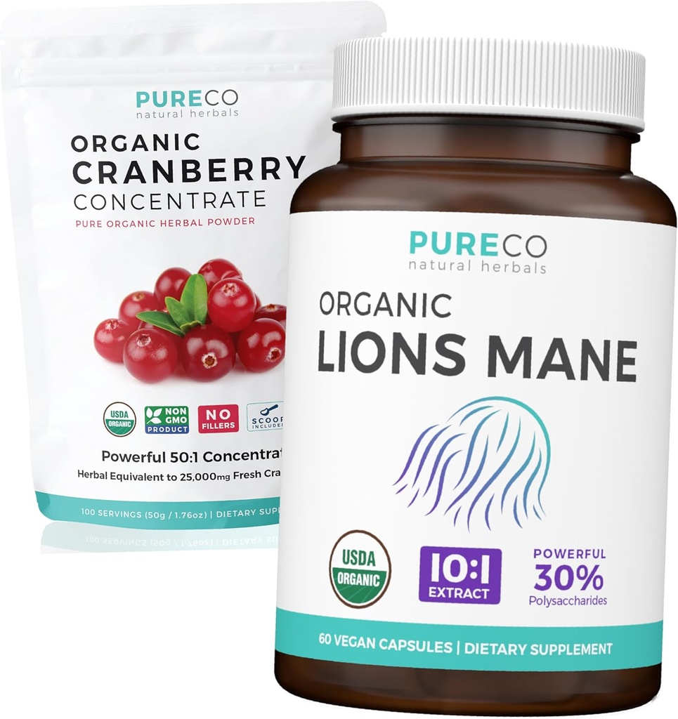 Cranberry Powder & Lions Mane (1-månaders leverans) Mindful Cranberry Bundle of Organic Cranberry Concentrate Powder 50:1 Extract (100 Scoops) & Organic Lions Mane Mushroom 10:1 Extract (60 Caps)