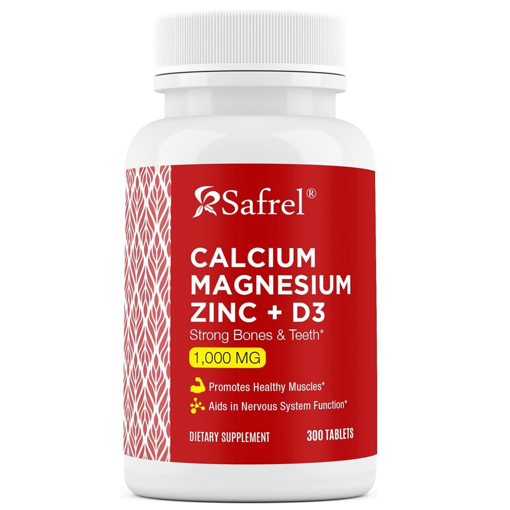 Safrel Kalsium Magnesiumsinkki D3-vitamiinilla, 300 tablettia - 1000 mg kalsium, 400 mg magnesium, 20 mg & D3 600 IU/annos