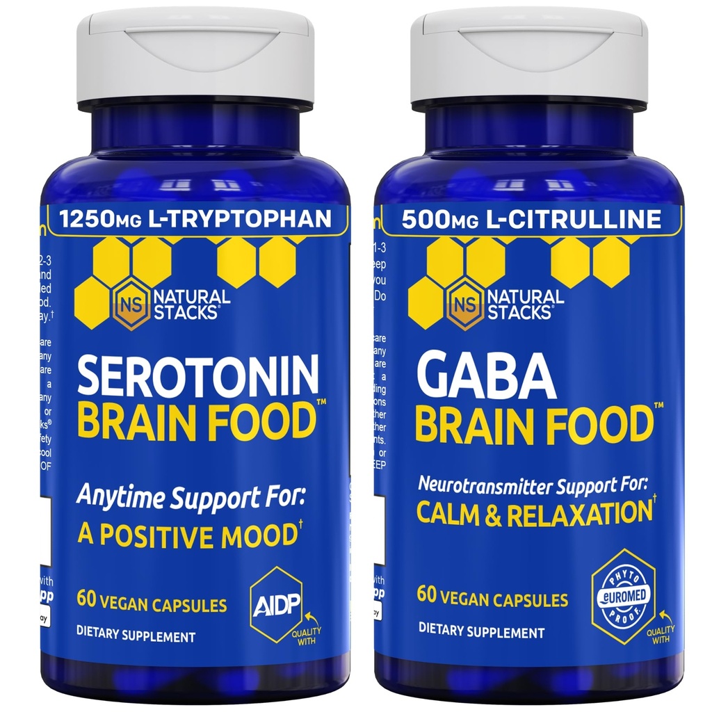 NATURAL STACKS Serotoniini & GABA aivot Ruoka Bundle - tukee positiivinen mieliala & rauhallisuus* - 120 Kokonaiskapselit