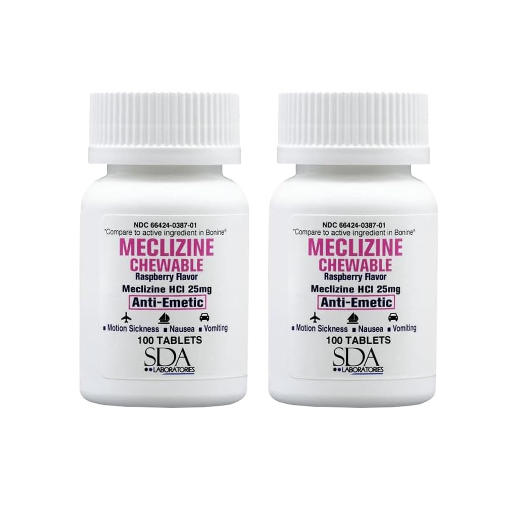SDA LABORATORIO Meclitsiini 25 mg purutabletti, antiemeetti, vadelma maku, liikesairaus ja kiertohuimaus Pahoinvointi, huimaus, oksentelu, kannettava matka-apu (2 pullo 100 kreivi)