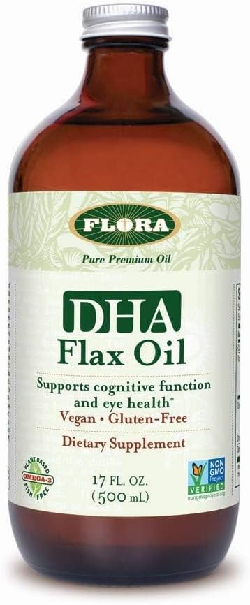 Flora DHA Pellavaöljy - Tukee aivojen terveyttä - sisältää Vegan Omega-3-6-9, Gluteeniton, Kosher & ei-GMO - Pidä jäähdytetty - lasipullo - 17 fl. oz.