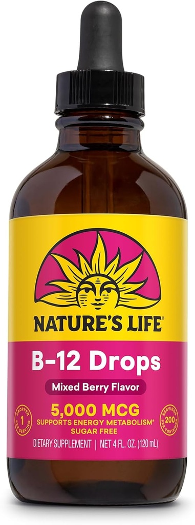 Naturens Life B12 Drops 5000 mcg - Vitamin B12 Methylcobalamin - Liquid B12 Supplement for Energy Metabolism, Nerve Function and Red Blood Cell Support Natural Mixed Berry, Sugar Free (200 Serv, 4oz)