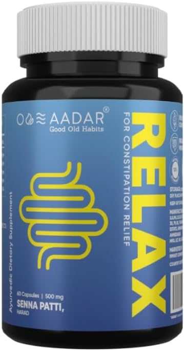 AADAR Re-LAX förstoppningshjälp, Ayurvedic Digestion Support och Bowel Wellness Capsules, 60 enheter - med Senna, Harade, Ajwain Capsules för Digestion