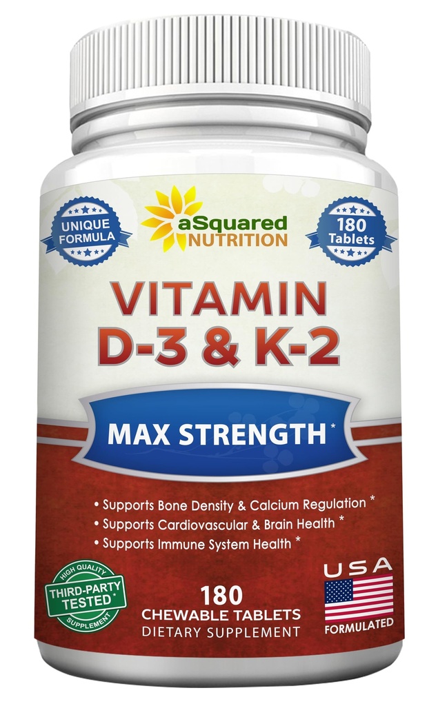 aSquared Nutrition Vitamin D3 med K2 Supplement-180 Chewable Tablets, Max Strength D-3 Cholecalciferol & K-2 MK7 för att stödja hälsosamma ben, tänder, hjärta - Antioxidant D3 & K2 MK-7 Energi Formel vuxna