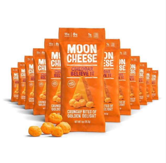 Moon Cheese Cheddar tror det, 1 Ounce, 12-Pack, Crunchy, Protein-Rich Cheese Snack, Keto Friendly, 100% Real Cheese