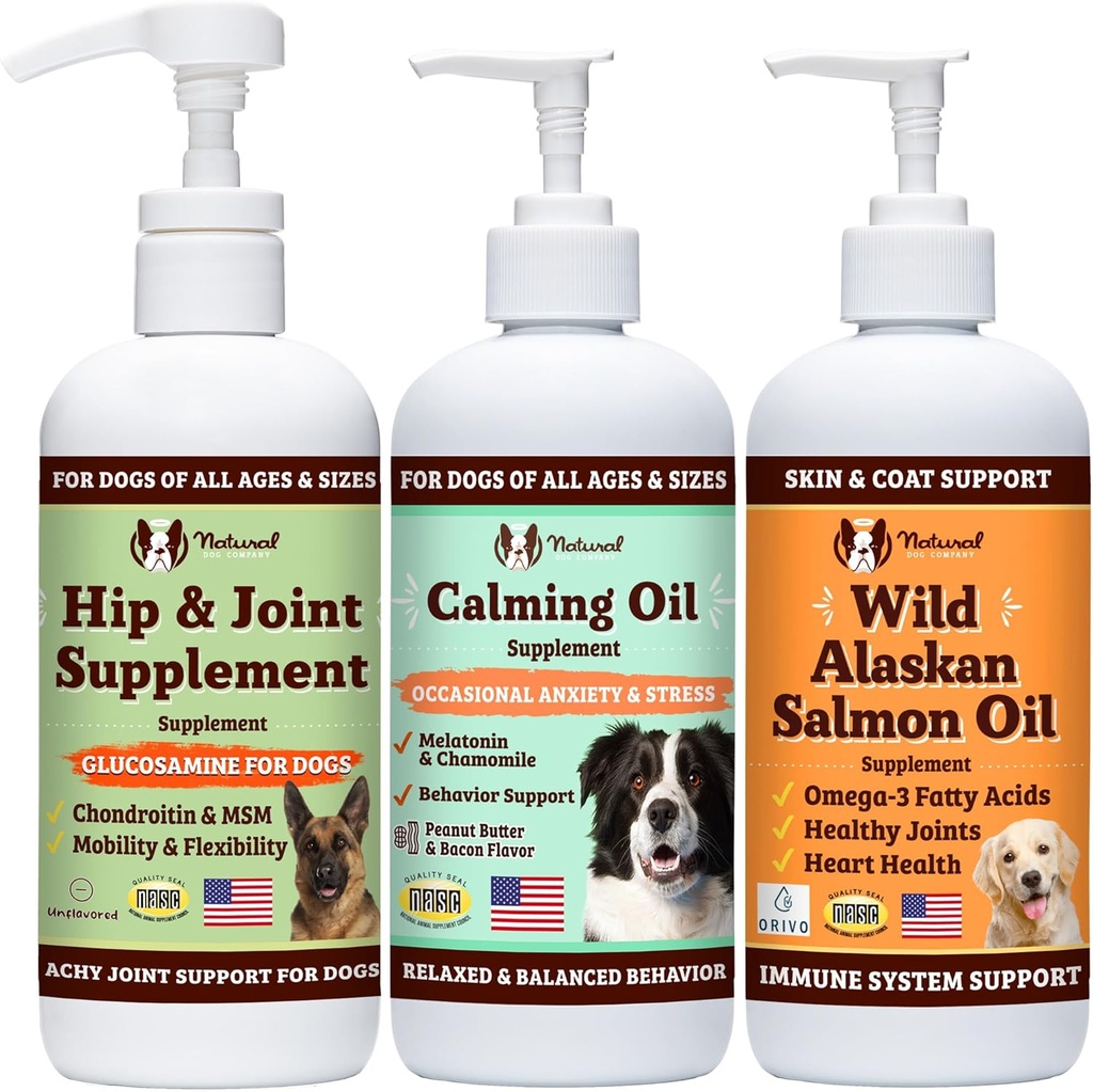 Natural Dog Company Wellness Bundle Food Oil Toppers Inklusive (1) Wild Alaskan Salmon Oil, (1) Liquid Glukosamin, (1) Calming Oil