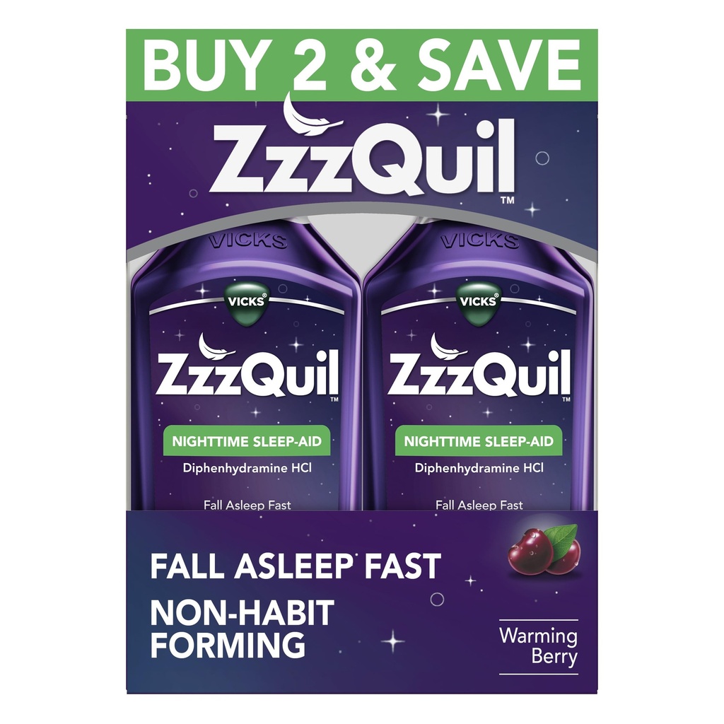 ZzzQuil, unilääke, Nighttime Sleep Aid Liquid, 50 mg Difenhydramiini HCl, Fall Asleep Fast, Non-Habit Forming, Lämmin Berry Flavor, 12 FL OZ (paketti 2)