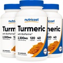 Nutricost Turmeric Curcumin pillereitä (3 pakkaus) BioPerine ja 95% Curcuminoids, 2300 mg, 120 kapselia, kasviskapselit, 767 mg per Cap, 40 tarjoilua, gluteeniton, ei GMO:ita