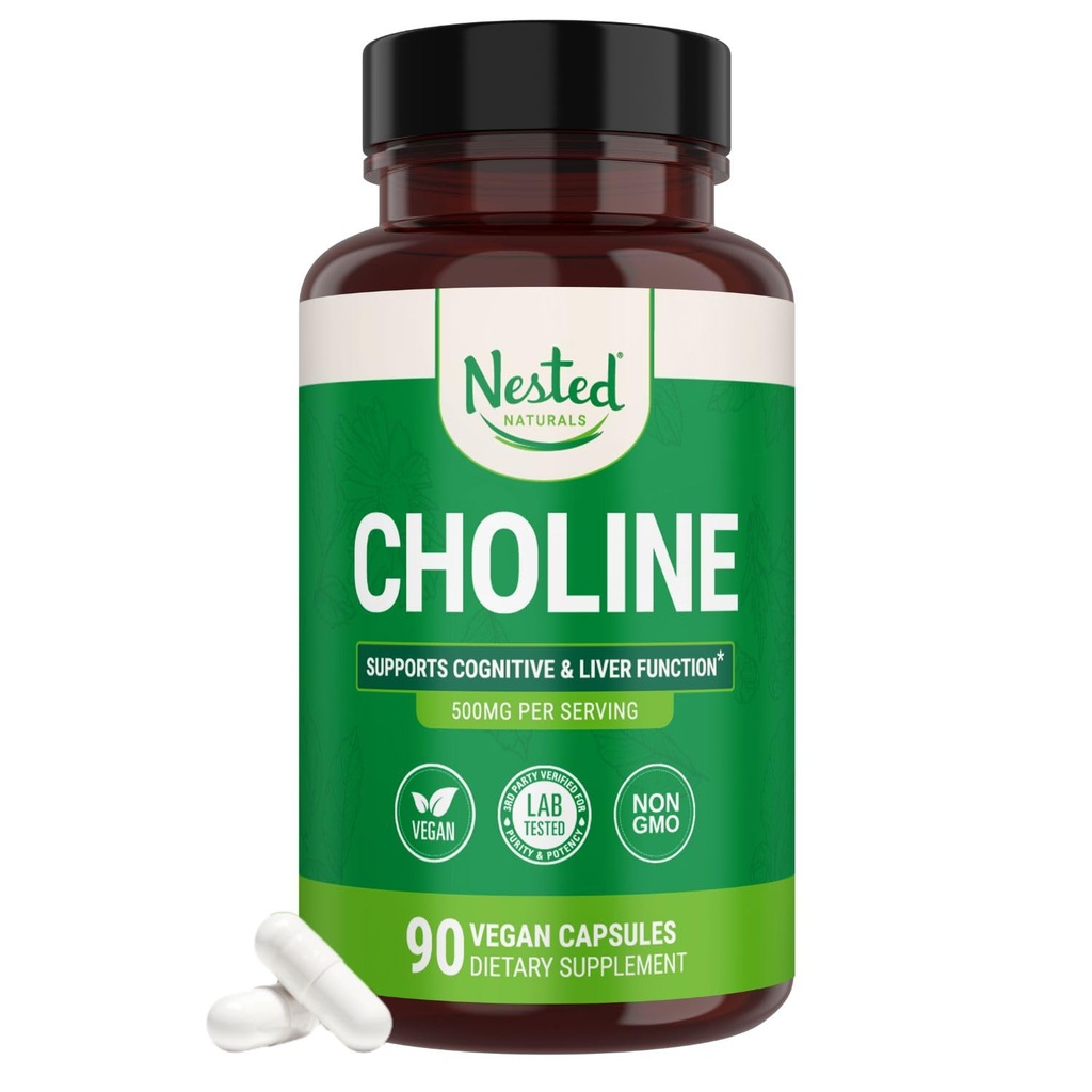 Nested Naturals Choline Bitartraatti 500mg - High Potency Choline lisäravinteet - Tukee Cognitive Performance & Liver Function - 100% Vegan & non-GMO-koliini - 90 Vegaanikapselit
