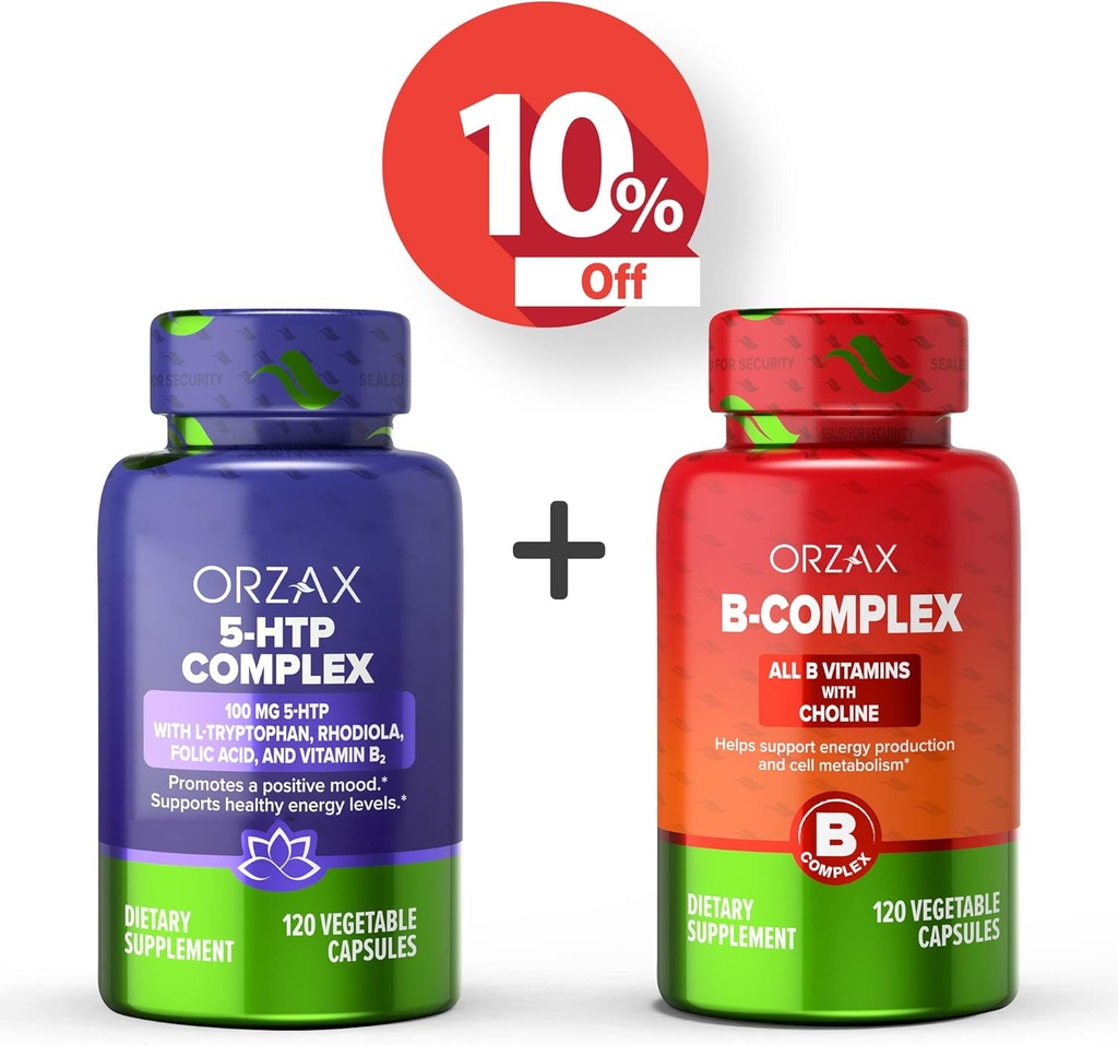 ORZAX 5 HTP Complex 100 Mg 120 Vegatable kapselit ja B-vitamiinikompleksi, B-vitamiinit koliini & inositoli 120 kapselit, Bundle