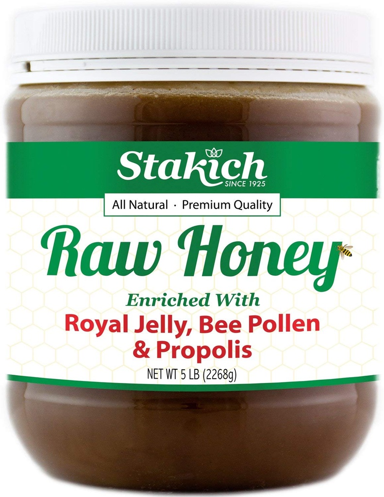 Stakich Royal Jelly, Bee Pollen, Propolis Enriched Raw Honey - Pure, Käsittelemätön, lämmittämätön - 5 punta (80 Ounce)