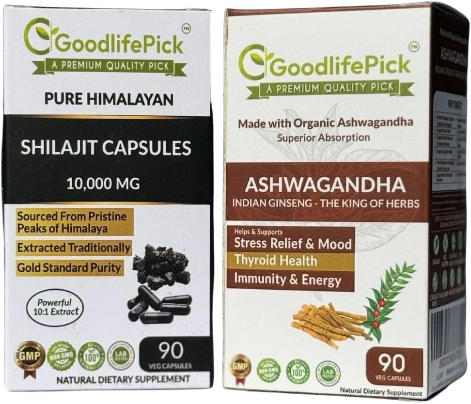 Himalayan Shilajit Kapseli & Ashwagandha kapselit Pakkaus 2, 90 + 90 ct Gold Standard Premium Quality for Max Benefits. All Natural Non GMO No Rice Powder No Filler No Silicon Dioxide No Stearate