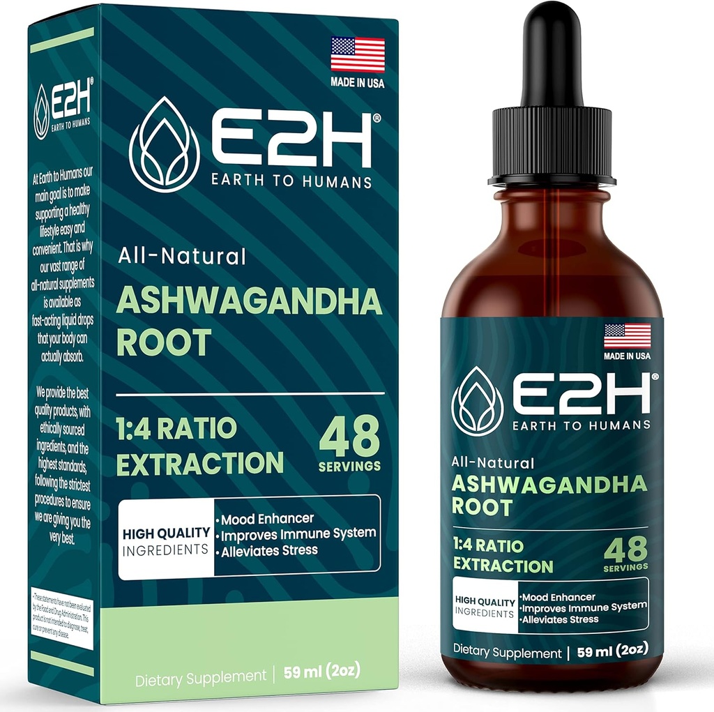 E2H Ashwagandha Liquid Drops - Kaikki luonnolliset Ashwagandha täydentää stressin lievitys ja mielialaparannusaine- Organic Ashwagandha juuriuute Tehokas Cortisol Manager 