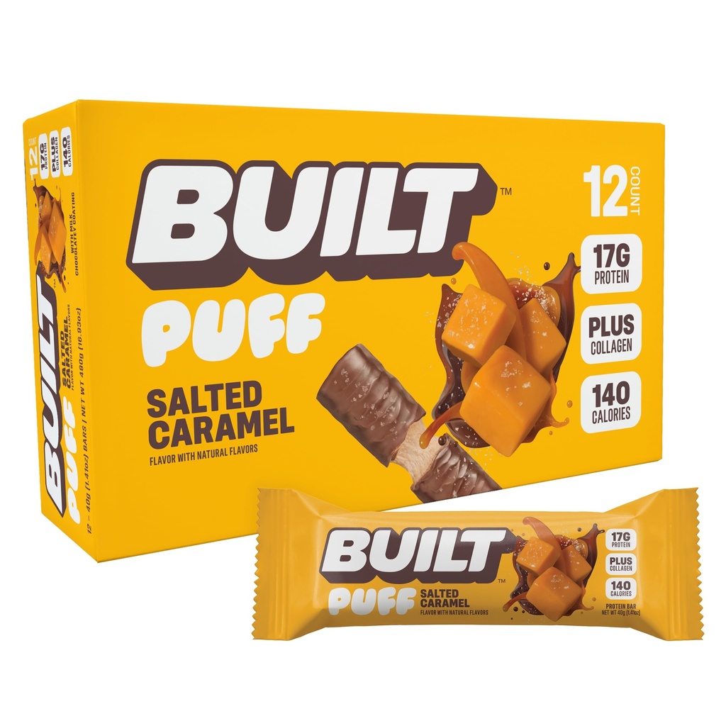 Rakennettu bar, Puff Protein Bars, Suolattu Caramel Puff, 17g Protein Snacks, On-The-Go Bars, Vain 140 kaloria, 6g sokeria, Kollageeni, Gluteeniton, 12 kreivi