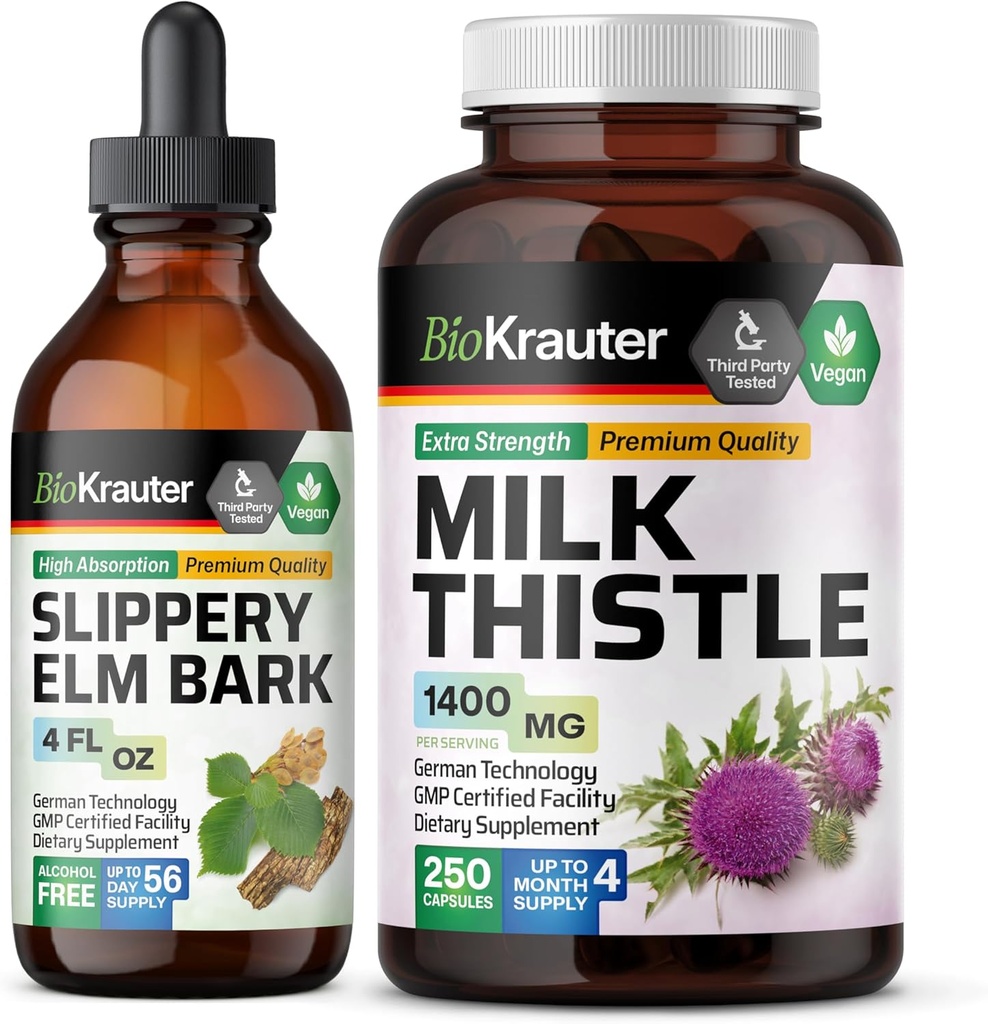 BIO KRAUTER Liukas Elm Tincture 4 Fl. Oz. & Milk Thistle 250 kapselia