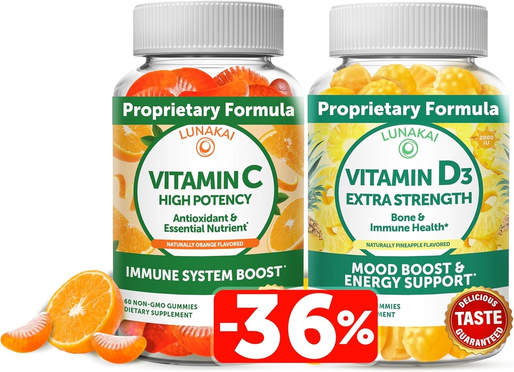 Lunakai Vitamin C och vitamin D3 Gummies Bundle - 300mg Organic, Non-GMO, Vegan Chewable Gummy - Immunity, Bone and Mood Support Supplement för vuxna