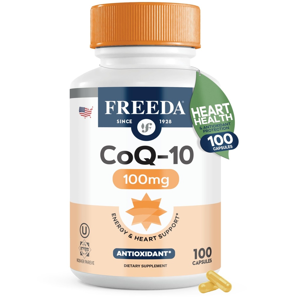 FREEDA CoQ10 100mg - Kosher Coenzyme Q10 Dietary Supplement for Cardiovascular Heart Health, Blood Pressure Support, Oral Gum Health och Healthy Aging - Pure CoQ10 Capsules, 100 Count